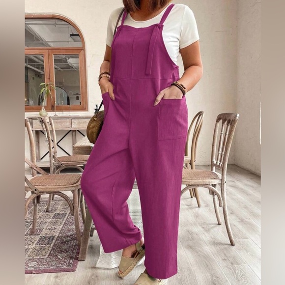 Boho Plus Size Pockets Straps Knot Wide Leg Jumpsuit - Picture 5 of 14